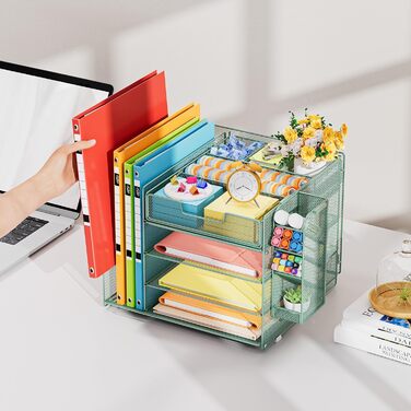 Настільний органайзер Marbrasse з тримачами для файлів, 4-рівневий лоток для листів, відділення, шухляди, підвісний тримач для ручок, сітчастий лоток для паперу для зберігання документів у домашньому офісі (зелений)