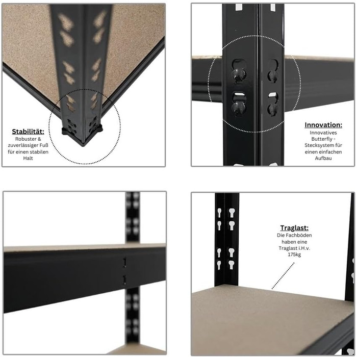 Міцний стелаж Apollo ВxШxГ 180x75x30 см Навантаження на полицю 175 кг Чорний Підвальний стелаж, стелаж без болтів, гаражний стелаж, комплект стелажів для зберігання з 2 предметів - 180x75x30 см Чорний, 2 шт.