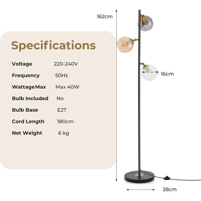 Торшер HOMASIS 162см, торшер з 3-кольоровими сферичними скляними абажурами, торшер з цоколем і ножним вимикачем E27, металевий торшер, лампа для читання для вітальні спальні