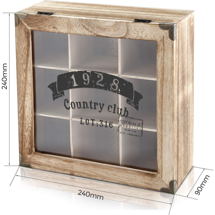 Дерев'яна коробка для чаю Oramics Vintage Look '1928 Country Club з 6 або 9 відділеннями, чайна коробка, чайна коробка, включаючи електронну книгу (9 відділень)