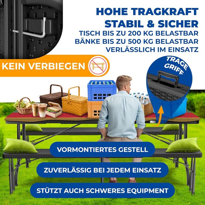 Комплект пивних меблів KESSER з 3 предметів стіл та 2 лавки Буфетний стіл для використання в приміщенні та на вулиці, складний комплект садових меблів, 183x76x74 см, пластиковий складний стіл, вигляд ротанга, садовий стіл, включає чохол та ручки для перен