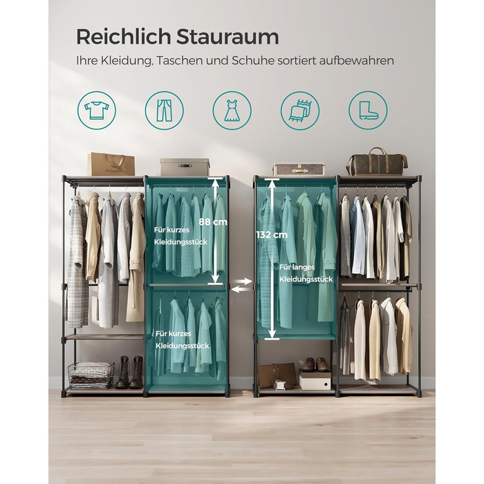 Відкрита шафа, вішалка для одягу, штанга для одягу, шафа, 3 підвісні полиці, багато місця, для спальні, вітальні, 138 x 43 x 182 см, сіро-коричневий RYG025R02 сіро-коричневий 138Д x 182В см