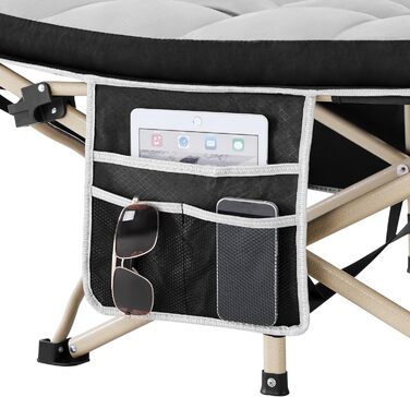 Розкладне кемпінгове ліжко Yaheetech з матрацом, гостьове ліжко з сумкою для перенесення та бічною кишенею, 191 x 67 см, садовий шезлонг, вантажопідйомність до 150 кг, сірий матрац чорний каркас ліжка