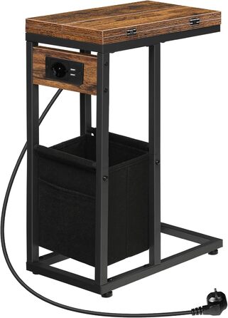 Журнальний столик HOOBRO із зарядною станцією, C-подібної форми, складаний журнальний столик із тканинною кишенею, тумбочка з розеткою та 2 USB-портами, для вітальні, вінтажний коричневий та чорний EBF30CSF01