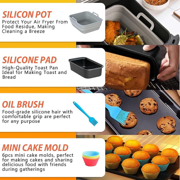 Аксесуари для фритюрниці Shulltji, аксесуари для фритюрниці Ninja AF400EU AF300EU Emerio Princess Innsky COSORI Tower 7.6L-9.5L, включаючи силіконову форму, решітку для гриля, форму для випічки тощо 9 шт.