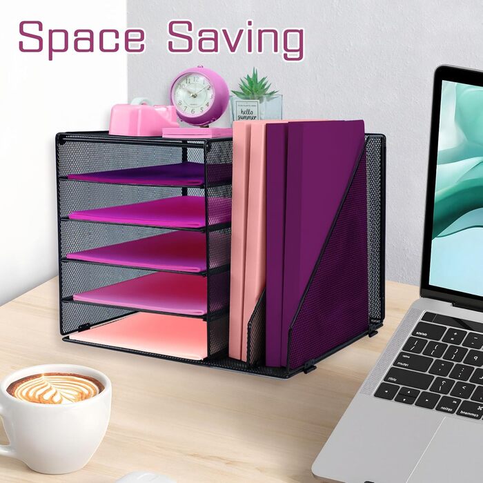 Металевий настільний органайзер, 5-ярусний лоток для паперу та листів з тримачами для файлів, сітчастий настільний органайзер для файлів з тримачем для журналів для зберігання офісних документів, 5 ярусів з 2 тримачами для файлів