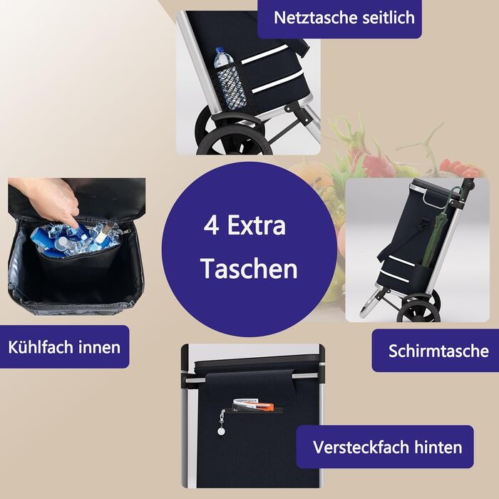 Великий візок для покупок 64л, складаний візок-сумка на колесах, вантажопідйомність до 60кг, візок з термовідсіком, візок з відбивачем, ручний візок з чіпом для покупок, Чорний