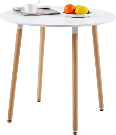 Круглий обідній стіл HJ WeDoo з 4 стільцями, кухонний стіл 90 см та комплект із 4 обідніх стільців, обідній гарнітур, комплект сидінь для кухні та вітальні (білий стіл 4 білі стільці) Обідній стіл 90 см білий, 4 білі букові стільці