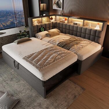 Кушетка 90x200 з висувним ліжком 90x190, диван-ліжко зі світлодіодним підсвічуванням, USB та Bluetooth, висувне ліжко-кушетка з рейковою основою, гостьове ліжко, без матраца, сірий, сірий F 90x200