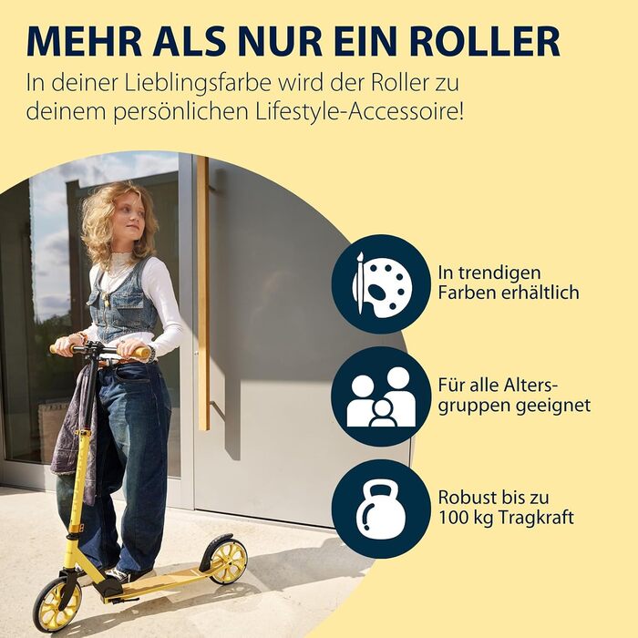 Самокат HUDORA Scooter Up 200 безшумний алюмінієвий самокат до 100 кг, з регулюванням висоти та можливістю складання, для дітей, підлітків та дорослих, колір Normal canary