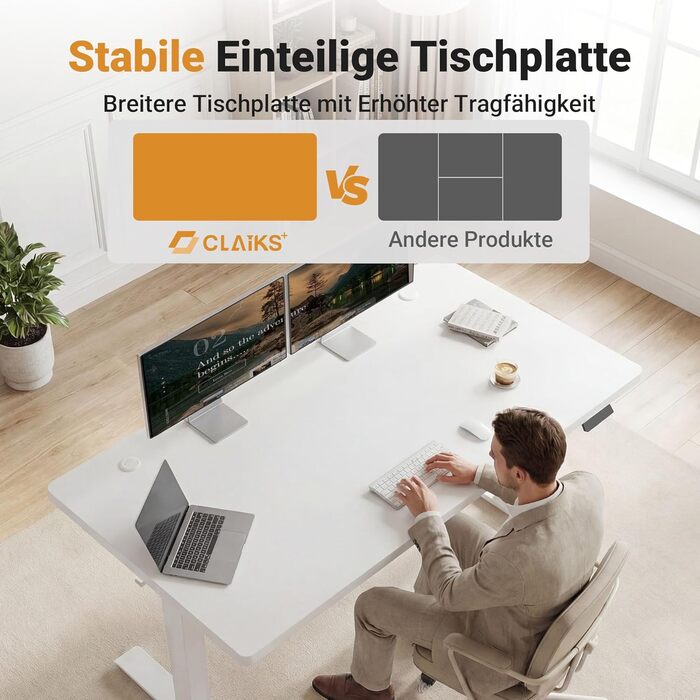 Стіл Claiks з регульованою висотою 16075 см, з 2 електродвигунами, товщиною стільниці 25 мм, вантажопідйомність 130 кг, стіл з регульованою висотою, 3-функціональною пам&39яттю та 4 тихими колесами, білий 160 x 75 см