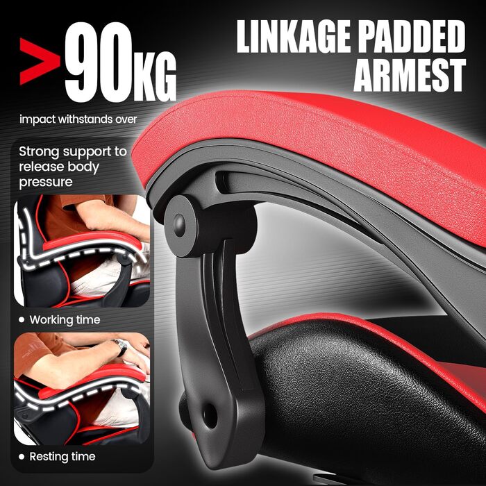 Геймерське крісло, зі штучної шкіри, ігрове крісло для ПК з підголівником та поперековою опорою, регульована висота та нахил, вантажопідйомність 130 кг, ергономічне геймерське крісло для ігор та офісного використання (чорне/червоне)