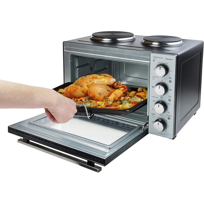 Маленька кухня, міні-піч з подвійною конфоркою, верхній/нижній нагрів з функцією конвекції до 230C, 3200 Вт, чорна міні-піч 31 літр з подвійною конфоркою, 31CP