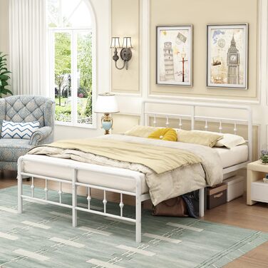 Металеве ліжко EMODA 140 x 200 см з узголів&39ям та узніжжям, каркас ліжка заввишки 46 см, міцний каркас ліжка, легке складання, безшумне, біле DE 140 x 200 см Біле