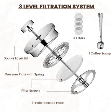 Кавоварка з нержавіючої сталі френч-прес Velaze, кавоварка 350 мл на 2-3 чашки, французький кавоварський прес з подвійними стінками, елегантний дизайн, кавник з 5 фільтрами з нержавіючої сталі та 1 ложкою 350 мл