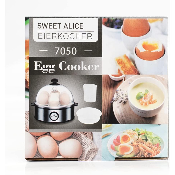 Солодка Alice Egg Cooker з нержавіючої сталі, переможець тесту яйцеварки, яйцеварка на 1-7 яєць з налаштуванням рівня твердості, світлова індикація автоматичного вимкнення, мірна чашка, захист від перегріву, без бісфенолу А, 360 Вт