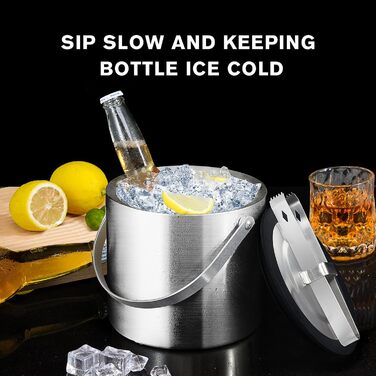 Відро для льоду з силіконовою кришкою, 3 л, двостінне відро, щипці для льоду, ручка і ситечко, велике, з нержавіючої сталі, ізольо