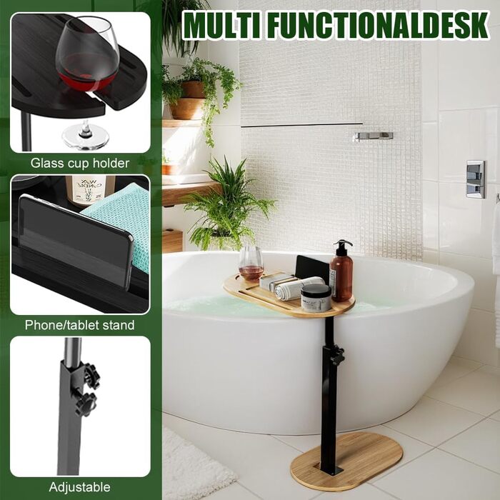 С-подібний журнальний столик, регульована висота (42-82 см), бамбуковий журнальний столик, що обертається на 360, дерево та метал, невеликий журнальний столик, журнальний столик для вітальні, ванної кімнати, ліжка, дивана (бамбук)