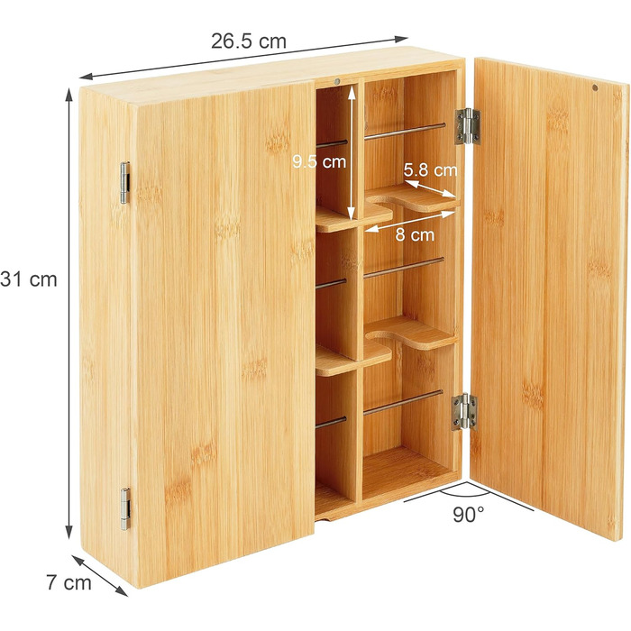 Чайна коробка Relaxdays, 9 відділень, бамбук, ВШХ 31 x 26,5 x 7 см, відділення для чайних пакетиків, кавових капсул, настінна, натуральний/срібний