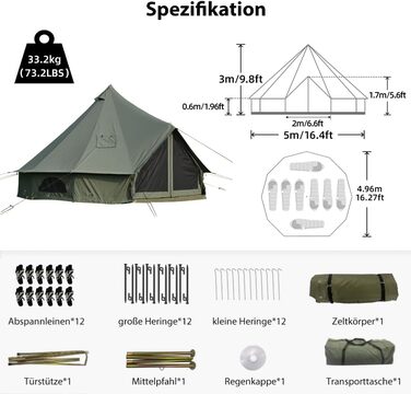 Намет-дзвін з отвором для печі, намет для глемпінгу з бавовни, простора юрта для сімей, кемпінговий намет, сімейний намет, намет-тіпі, намет-вігвам, пірамідальний намет для груп, кемпінг на свіжому повітрі, зелений, 5 м / 6-8 осіб