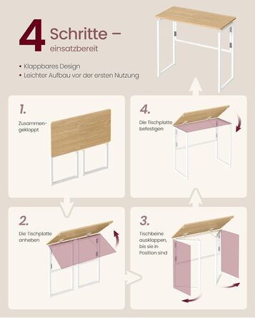 Складаний стіл, Невеликий складаний стіл, Комп&39ютерний стіл, Цільна стільниця, Закруглені кути, Стіл для домашнього офісу, Спальня, 80 x 40 см, Натуральний дуб LWD151YD01 80 x 40 см Натуральний дуб