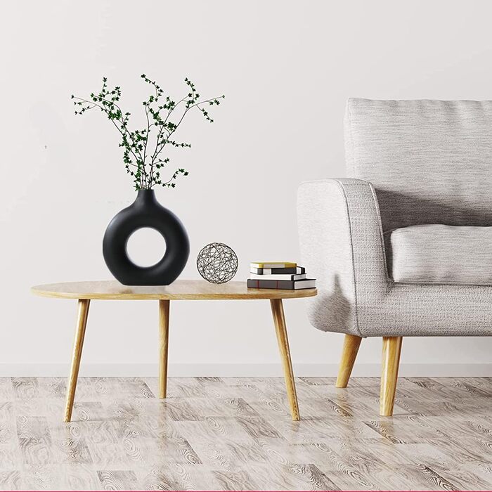 Ваза чорна матова, керамічна ваза для пончиків сучасна декоративна ваза, ваза кругла з отвором, вази ручної роботи для вітальні, с