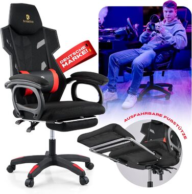 Ергономічне ігрове крісло BARBERIO, офісне крісло, вантажопідйомність 150 кг, повітропроникна сітка, з підставкою для ніг, регульовані підлокітники, сидіння 54 см, поворот на 360, подушка для поперекової підтримки, регульована висота (чорно-червоне)