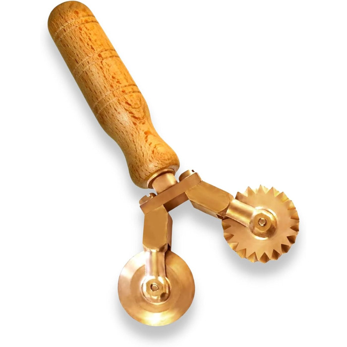 Комбіноване колесо LaGondola - професійне колесо для тіста подвійне, гладке і хвилясте, тісторіз з латуні та натурального дерева