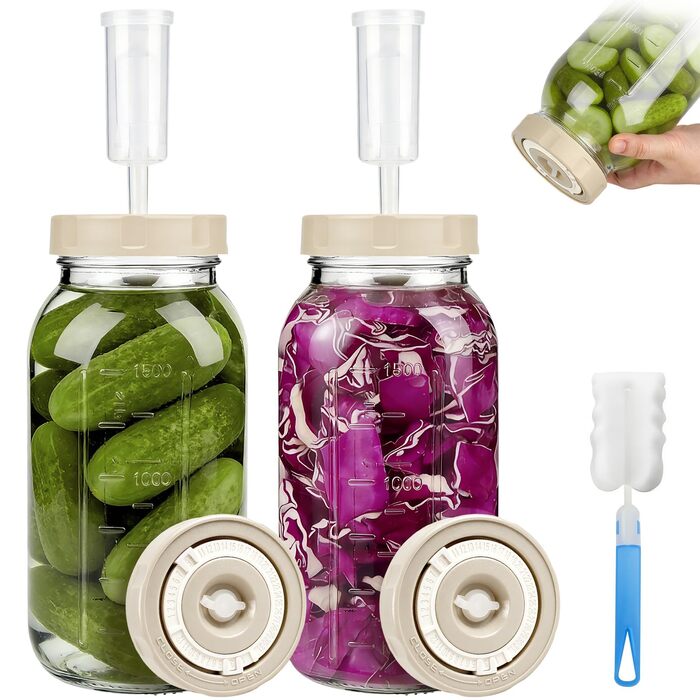 Банки для ферментації, упаковка з 2 шт., місткість 2 л, контейнери для кімчі з гідрозатвором та індикатором дати, банки для ферментації з широким горлом, ідеально підходять для ферментації кімчі, квашеної капусти, закваски, 2 л (з індикатором дати)
