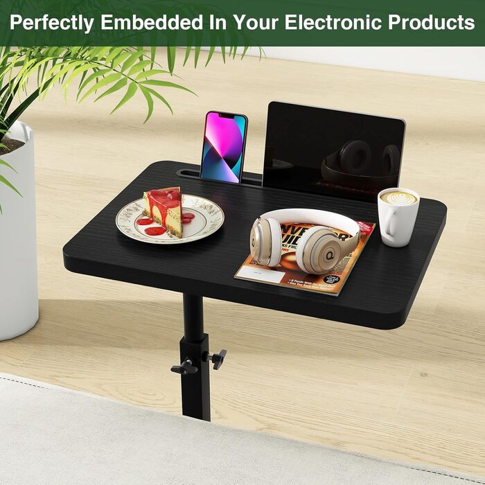 Журнальний столик IBUYKE C-подібної форми, обертовий на 360 та регульований по висоті, для вузьких приміщень, з відсіком для телефону та планшета, для вітальні, спальні, чорний TVT003B Стандарт - Без нахилу Чорний