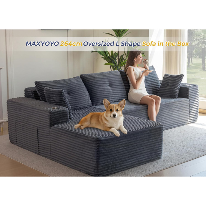 Модульний диван та шезлонг MAXYOYO, диван Cloud без кісток, кутовий диван на 3-4 місця з регульованим положенням ліворуч/праворуч, вельветова оббивка, великий L-подібний розкладний диван для вітальні, складання не потрібне, сірий шезлонг ліворуч