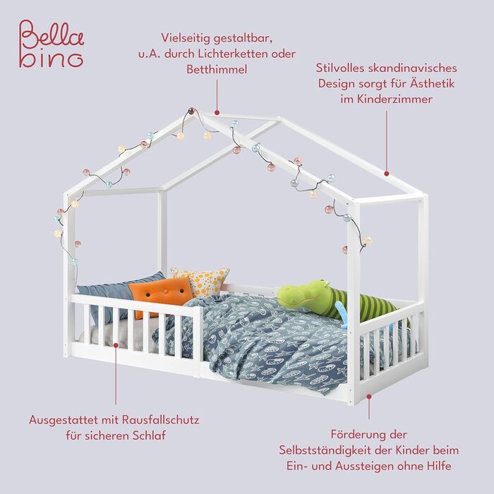 Дитяче ліжко Bellabino Bia 90x200 см, дитяче ліжко для дому з захистом від випадіння та висувною рейковою рамою, підлогове ліжко М