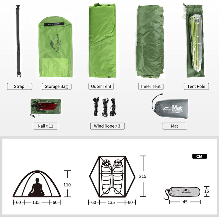 Намет для походів Naturehike Star Trails EXT, надлегкий кемпінговий намет на 1 особу, водонепроникний намет для пригод на свіжому повітрі, компактний дизайн із сумісністю з автомобілем, 20D Bud Green