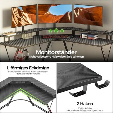 Ігровий стіл SEVEN WARRIOR L-подібної форми, ігровий стіл з розеткою, світлодіодне освітлення, підставка для монітора та 2 гачки, кутовий стіл з карбоновою поверхнею, комп&39ютерний стіл для спальні (127 x 127 см) 127 см