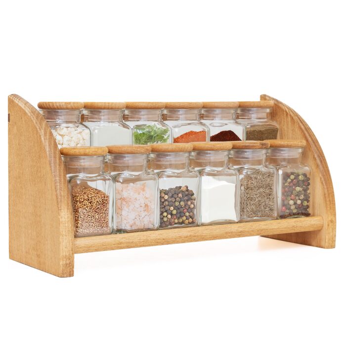 Підставка для спецій, полиця для спецій, підставка для спецій, букова деревина з 12 скляними банками для спецій