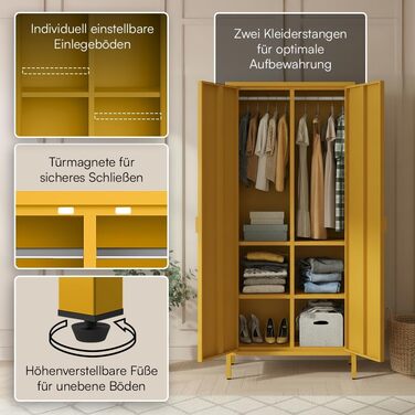 Металева шафа Skølm Ituri, гірчично-жовта Шафа з 6 полицями та 2 рейками для одягу Шафа для передпокою шириною 80 см Шафа для спальні в індустріальному стилі Сталева шафа для вітальні та офісу, гірчично-жовта без шухляд