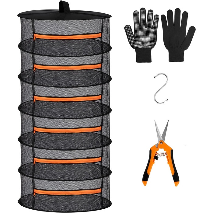 Шарова сітчаста сушарка для підвішування трав, сітка для сушіння з помаранчевими блискавками 6-шарова-60x120см помаранчева, 6-