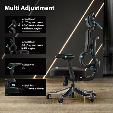 Ігрове крісло Eureka Axion з регульованою поперековою опорою, ергономічне офісне крісло з 4D підголівником/3D підлокітниками зі штучної шкіри, дихаюче сітчасте робоче крісло, чорно-синє