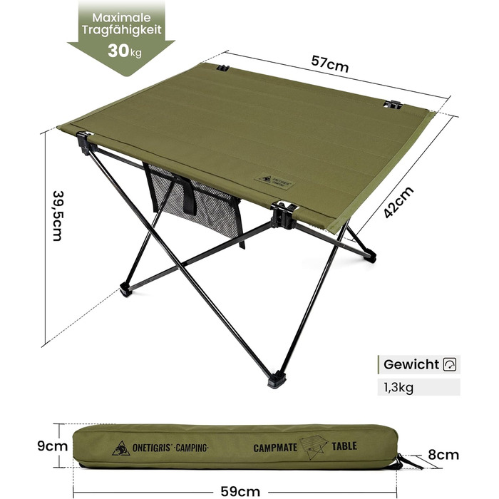 Складаний кемпінговий стіл OneTigris CAMPMATE, маленький складаний стіл, надлегкий портативний вуличний стіл, складний стіл, вантажопідйомність до 30 кг для використання на свіжому повітрі, походи, зелений рейнджер