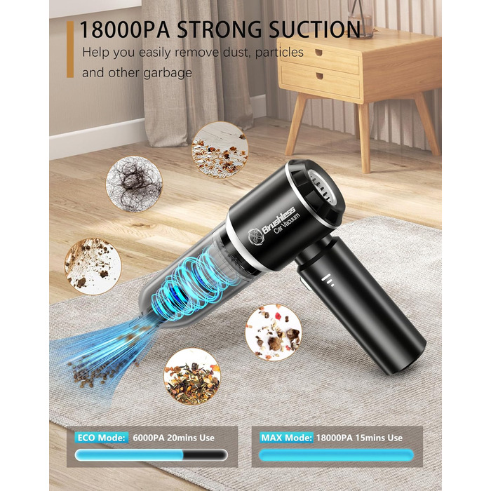 Ручний пилосос, портативний легкий автомобільний пилосос потужний, 18000 Па 4 в 1 акумуляторний бездротовий ручний пилосос, 3-швид
