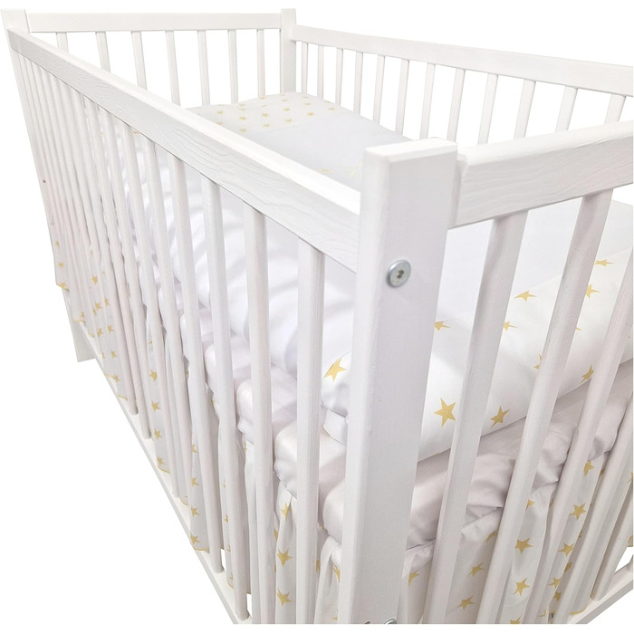 Предметний комплект дитячого ліжечка/колиски та постільної білизни Happy Leo, включаючи матрац з регульованою висотою для новонароджених, немовлят та малюків, з вишивкою (ведмедик, місяць, золоті зірки), 13-