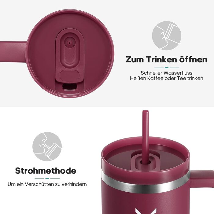Пляшка для пиття об&39ємом 1,2 л з трубочкою - Термокружка з ручкою, що запобігає протіканню - Двостінна вакуумна ізоляція - Термокружка з трубочкою та кришкою, що захищає від бризок (темно-червона)