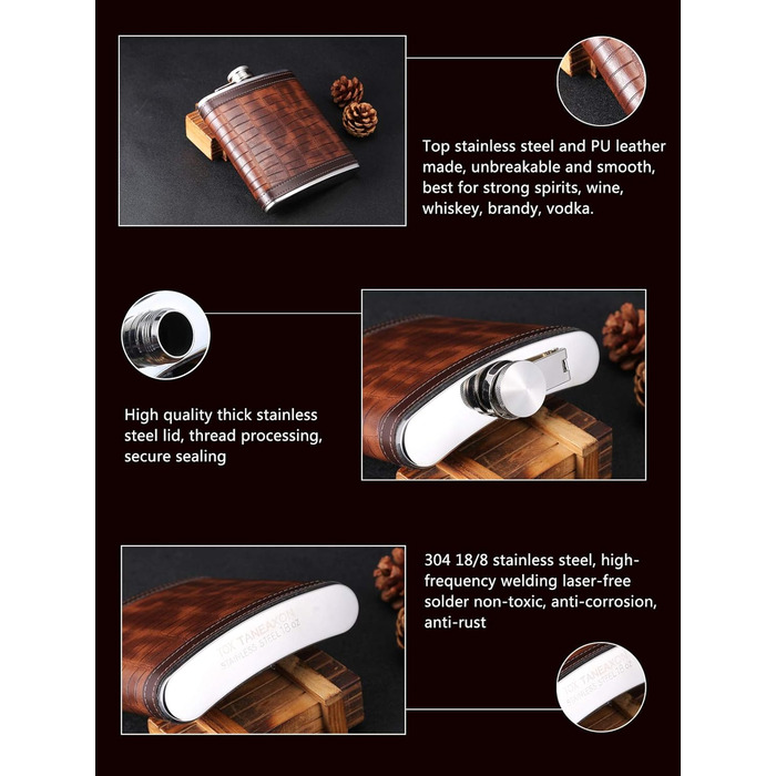 Фляжка з візерунком під крокодилячу шкіру, нержавіюча сталь, 510 мл/18 унцій, велика місткість, для віскі, лікеру, обгорнута штучною шкірою, TANEAXON 18 унцій E. Візерунок під крокодилячу шкіру