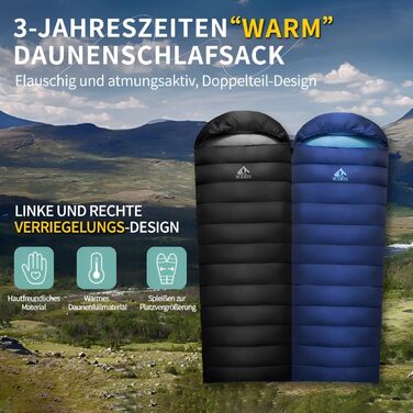 Пуховий спальний мішок на зиму, теплий та легкий зимовий спальний мішок для дорослих та дітей, легкий спальний мішок 680FP, підходить для походів, альпінізму, кемпінгу. Синій 7C