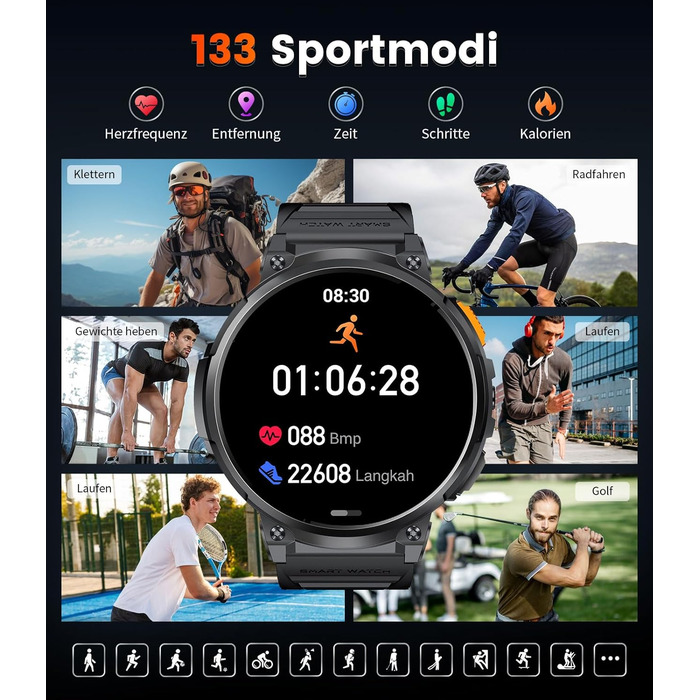 Розумний годинник DREMAC для чоловіків - 1,85-дюймовий HD-дисплей з великим екраном/батарея 730 мАг, чоловічий спортивний годинник з ліхтариком/120 спортивних режимів, водонепроникний фітнес-годинник IP68 з цілодобовим відстеженням серцевого ритму, моніто