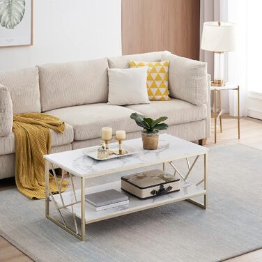 Журнальний столик 110x50 см - Білий стіл для вітальні з місцем для зберігання, столики для дивана з МДФ під мармур, сучасний журнальний столик для вітальні 110 x 50 см білий