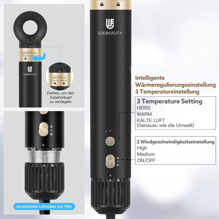 В 1 фен-щітка та стайлер для волосся, 110 000 об/хв високошвидкісний фен з негативними іонами, швидке висихання, набір щіток з теп