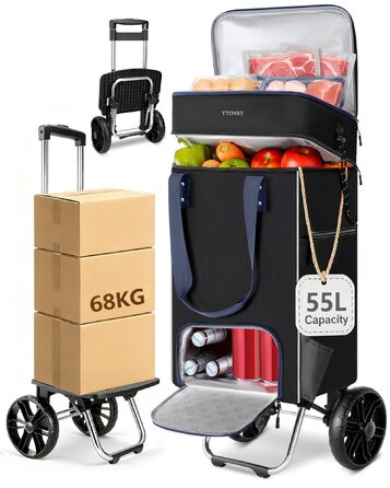 Складний візок для покупок Ytonet з термосумкою, великий водонепроникний візок на міцній основі (55 літрів / 68 кг), 3-в-1 візок-трансформер, сумка-візок та ручна сумка з великими колесами, чорний