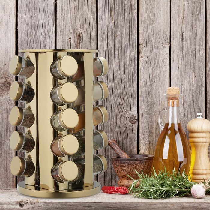 Підставка для спецій Relaxdays з 20 баночками для спецій, зі вставкою-шейкером, поворотна на 360, карусель для спецій, нержавіюча сталь, золотий/прозорий