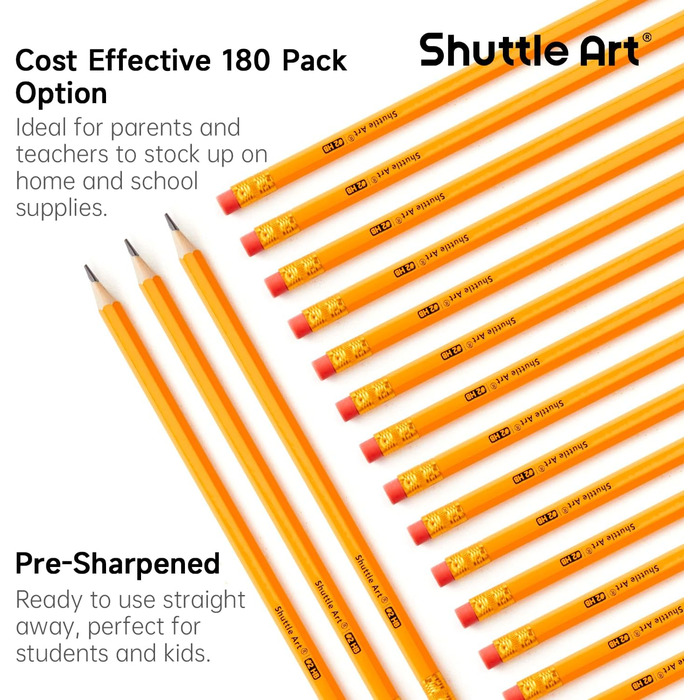 Олівці Shuttle Art HB, 180 попередньо заточених жовтих олівців з гумкою, графітові олівці в упаковці оптом, набір олівців для дітей та дорослих для письма, малювання та ескізів, 180 олівців HB